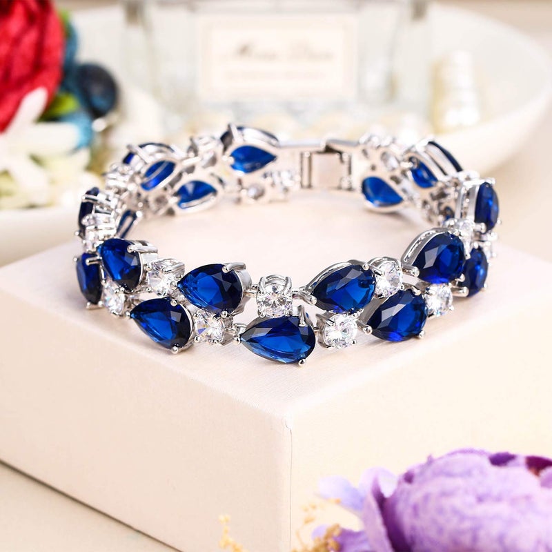 EVER FAITH Women's Prong Cubic Zirconia Vintage Style Dual Layer Tear Drop Bracelet Blue Silver-Plated-Brass - Image 2